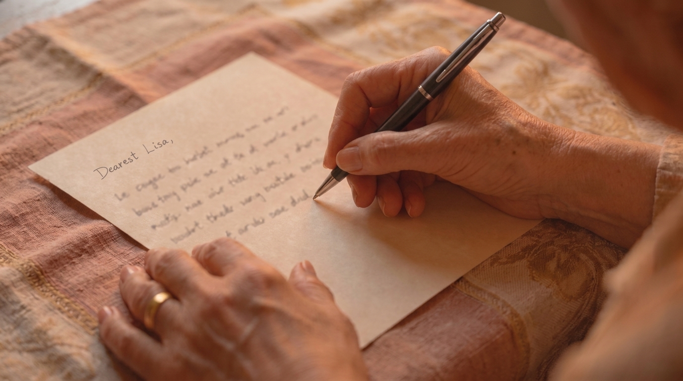An elderly woman's hands writing a warm handwritten letter with a pen on a soft patterned tablecloth
