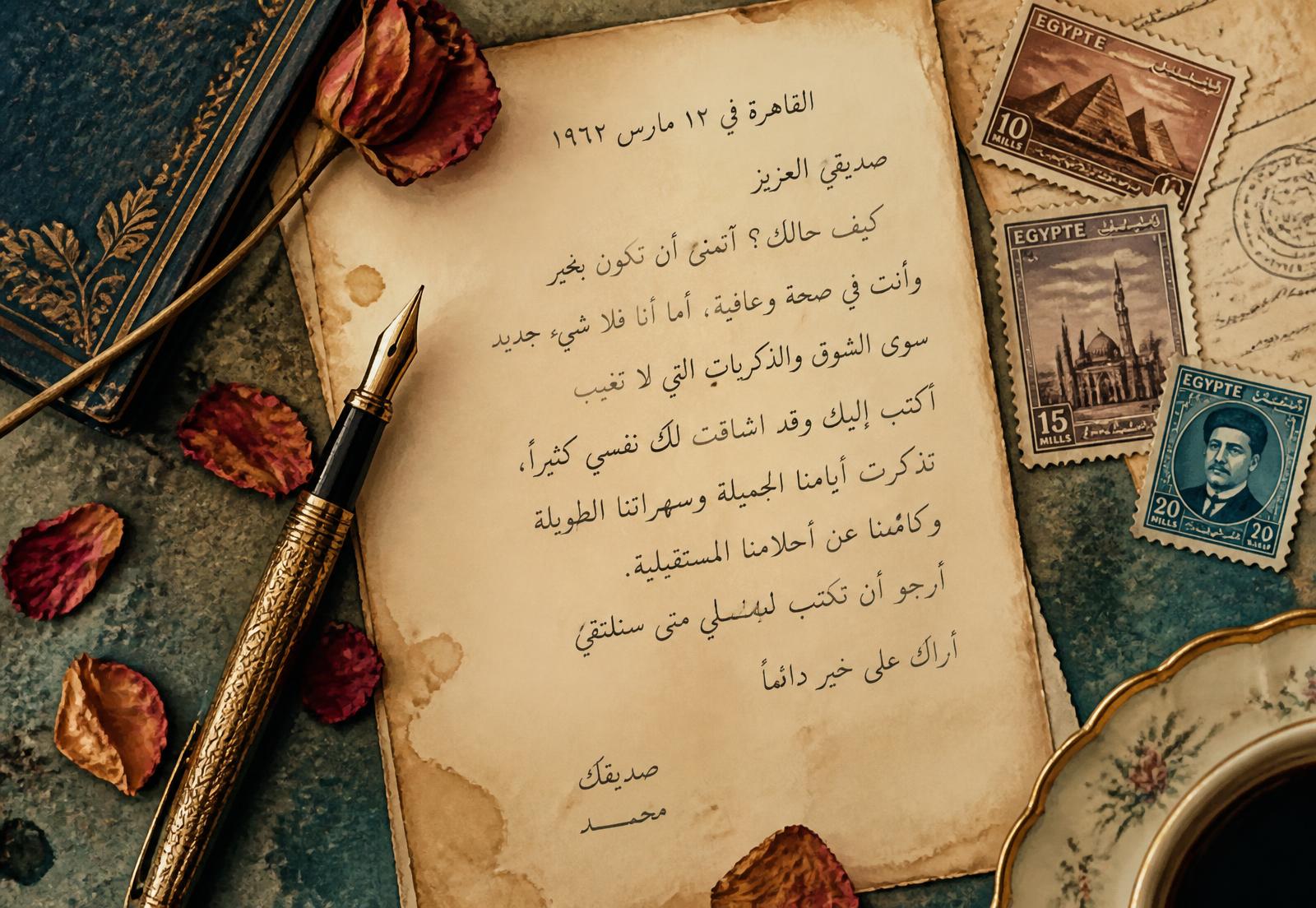 A handwritten Arabic letter on aged paper with a fountain pen and vintage Egyptian stamps